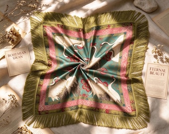 Satin Crane Print Scarf ， Elegant Women’s Silk Feel Neck Shawl, Gift for Women