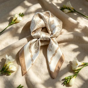 May include: A square silk scarf featuring a cream-colored base with a tan paisley pattern and a solid tan border. The scarf is tied in a knot at the center, displaying a smooth, reflective surface with intricate brown line work throughout the fabric.