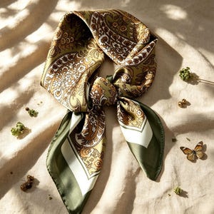 May include: A square silk scarf featuring an intricate paisley and floral pattern in shades of olive green, mustard yellow, and white. The scarf is tied in a central knot, displaying a solid olive green border along the edges of the fabric.