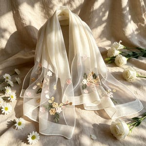 Elegant Sheer Embroidered Floral Scarf - Etsy