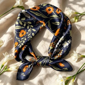May include: A square navy blue silk scarf featuring a repeating pattern of orange flowers, white blossoms, and light green foliage. The scarf is tied in a knot at the bottom, displaying a smooth, satin-like finish with vibrant botanical illustrations.