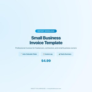 Peut inclure: Graphique numérique sur fond dégradé bleu et blanc. Le texte indique "TÉLÉCHARGEMENT INSTANTANÉ" et "Modèle de facture pour petites entreprises". Le texte supplémentaire décrit le modèle pour les pigistes, les entrepreneurs et les propriétaires de petites entreprises.