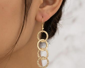 Hammered 9ct Solid Gold Circle Earrings: Interlocking Geometric Dangle Hoops, GIFT FOR WIFE