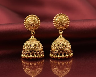 Traditional Gold Jhumka Earrings, Ethnic Temple Jewelry, Indian Bridal Statement, Gift for her, Gift for mom
