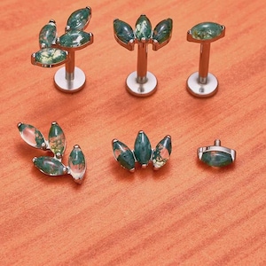 Natural Moss Agate Leaf Earrings • Titanium Studs for Helix, Tragus, Conch, Nose,Wedding, Gift for her