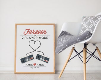 Gamer Print Wedding Gift / Custom Name Date Video Game Controllers 80s / Engagement Newlyweds Anniversary / UNFRAMED 8x10 or 11x14
