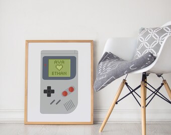 Retro Gamer Print Wedding Gift / 80s 90s Portable Game Custom Name Personalized Gaming Geek Engagement Anniversary /  UNFRAMED 8x10 or 11x14