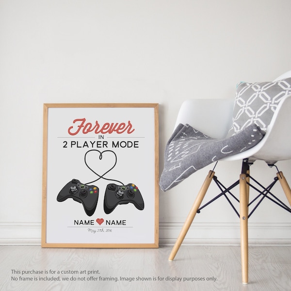 Custom Video Game Print For Couples, Forever 2 Player Mode, Gamer Wedding Anniversary Gift, Personalized Gaming Controllers, UNFRAMED ART