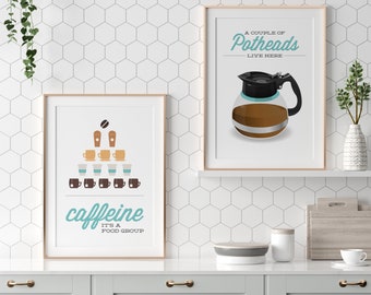 Kitchen Coffee Bar Prints Set Of 2 / Caffeine Lover's Couples Roommates / Aqua Funny Saying Pun Wall Art / Digital PRINTABLE DOWNLOAD / NS-2