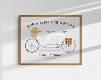 Tandem Bike Print Wedding Gift, Bicycle Poster For Biking Couples, Custom Names Date Engagement Anniversary, UNFRAMED ART 8x10 or 11x14