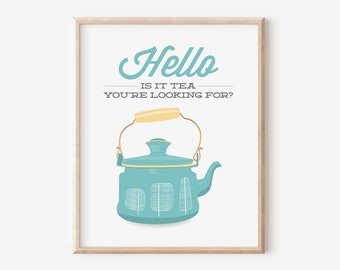 Tea Kettle Kitchen Print / Hello Tea / Aqua Funny Saying Quote Pun Wall Art / Mid Century Modern Gift / DIGITAL PRINTABLE DOWNLOAD / N-8