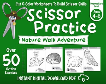 May include: Black and white printable worksheets for scissor practice.  The worksheets feature images of a snail, hedgehog, bear, and owl.  The text "Over 50 Cutting Exercises" and "Scissor Practice Nature Walk Adventure" is included.  The text "Instant Digital Download PDF" is also included.
