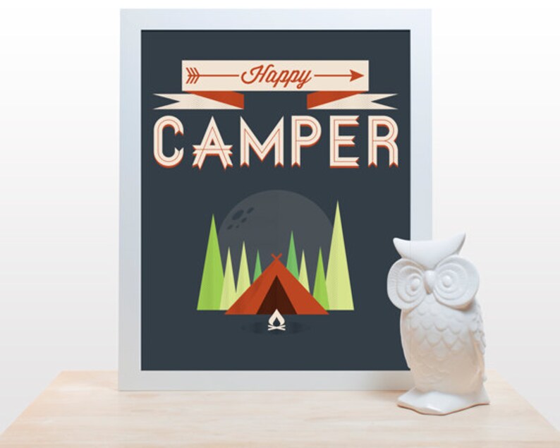 Happy Camper Print Poster Wall Art Decor Camping Outdoors Etsy