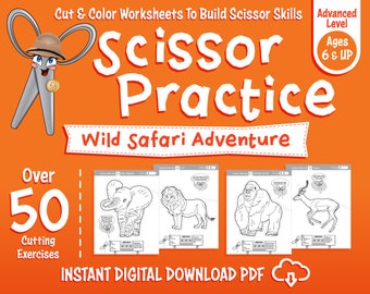 Scissor Practice Skills Activity Worksheets / Wild Safari Adventure / Animals Cut Color / 8.5x11 & A4 Sizes Included / DIGITAL DOWNLOAD PDF