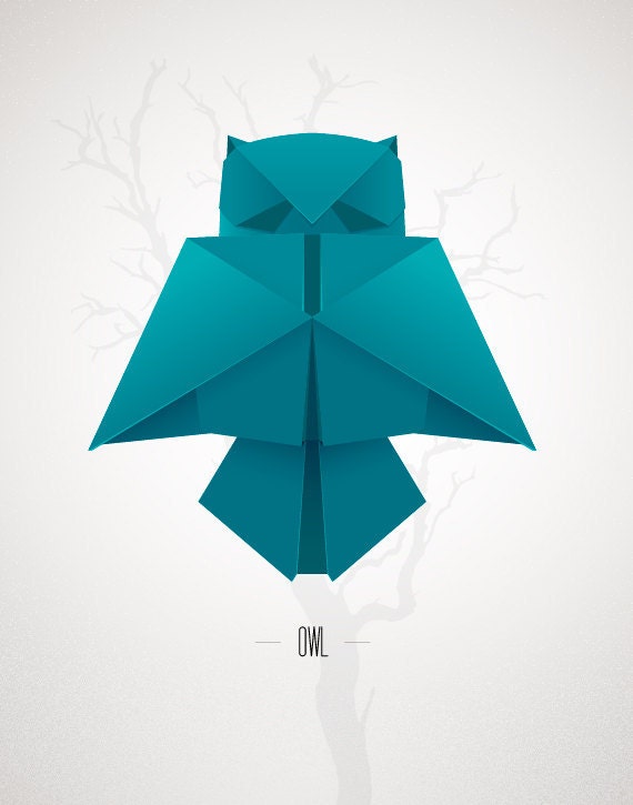 Origami Owl Print Poster Minimal Modern Decor Wall Art Paper Folding Japanese Owl Bird Minimalist Childrens Nursery Blue Teal Gray White