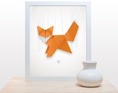 Origami Fox Print / Modern Minimal Nursery Kids Room Wall Art Decor / Japanese Japan Woodland Forest Creature Cute Animal Orange / UNFRAMED