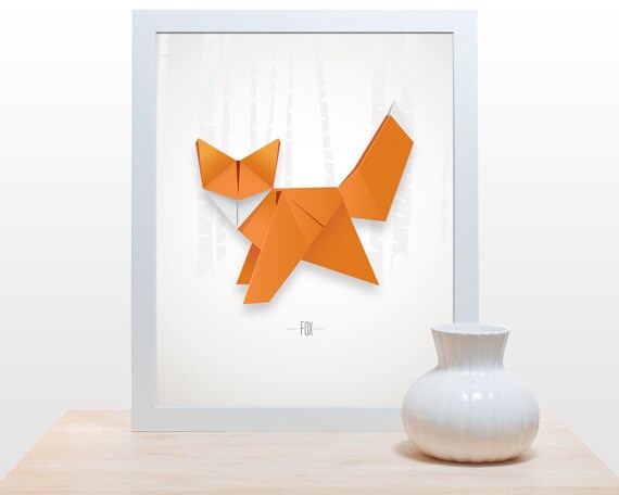 Origami Fox Print Poster Minimal Modern Decor Wall Art Paper Folding Japanese Woodland Forest Creature Cute Wild Things Orange Nursery Art