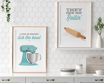 Kitchen Baking Prints Pair Set Of 2 / Mixer Lick Bowl Rolling Pin Baker / Aqua Funny Saying Pun Wall Art / Digital PRINTABLE DOWNLOAD / NS-1