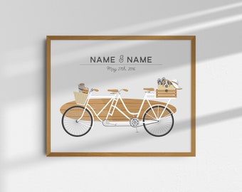 Coastal Tandem Bike Personalized Wedding Gift / Surf Bicycle For Biking Couples / Engagement Anniversary / UNFRAMED 8x10 or 11x14 Art Print