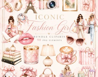 Iconic Fashion Girl Clipart Bundle, Watercolor Shopping PNG Elements (98 Count)