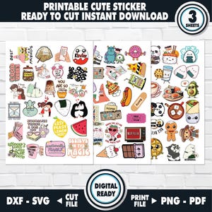 Puede incluir: Hojas de pegatinas bonitas imprimibles con varios diseños coloridos, incluyendo comida, personajes y citas inspiradoras. Las hojas están etiquetadas como "Listo para cortar, descarga instantánea" e incluyen formatos de archivo DXF, SVG, PNG y PDF.