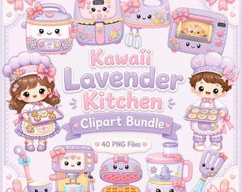 May include: A digital clipart bundle featuring various lavender-colored kitchen appliances and characters. The image includes a slow cooker, air fryer, mixer, oven, and more, all with cute, smiling faces. The text reads "Kawaii Lavender Kitchen Clipart Bundle" with "40 PNG Files".