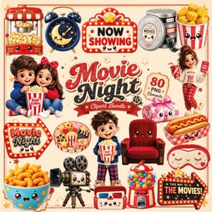 Kawaii Movie Night Clipart Bundle, 80 PNG Cinema Elements (Digital Download)