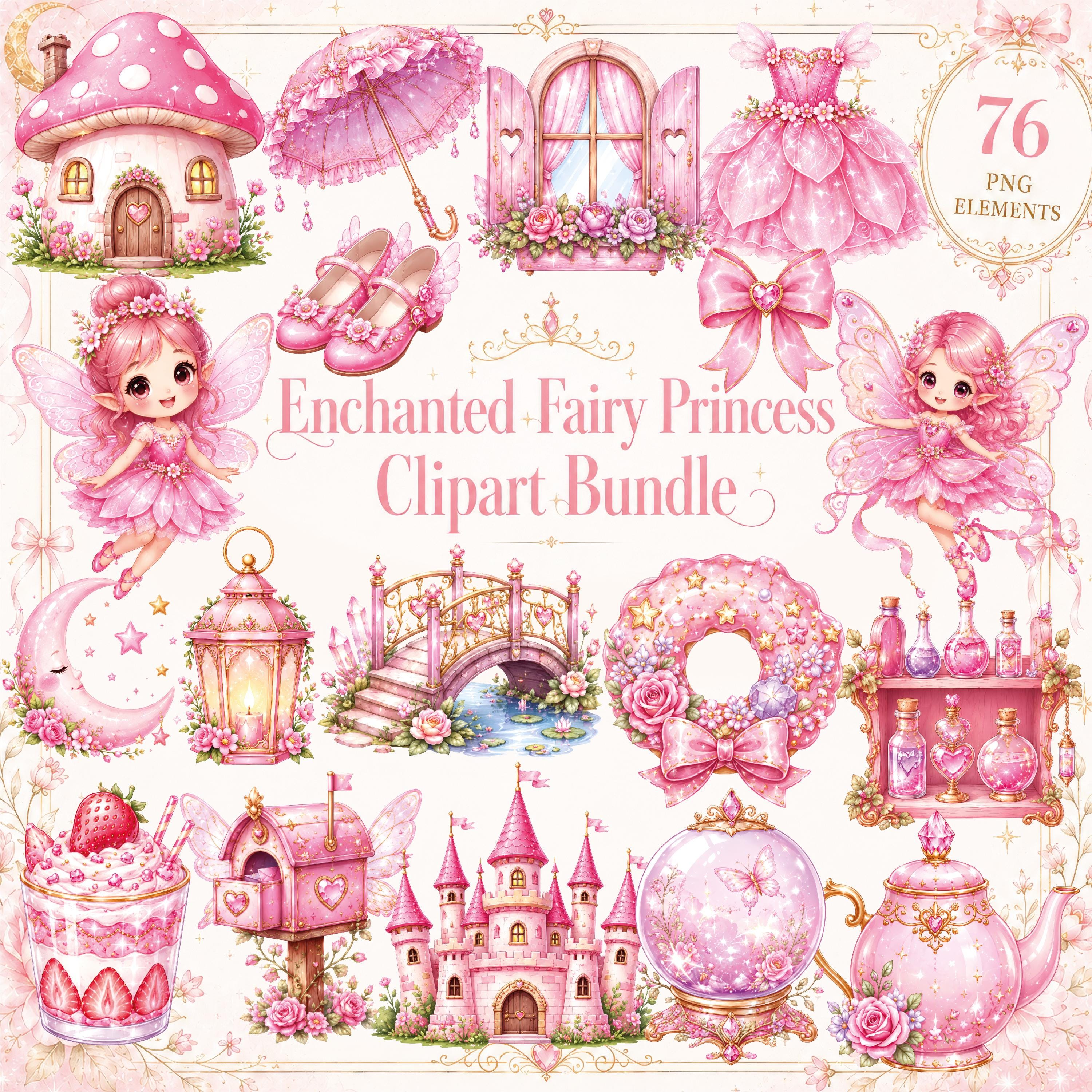 Pink Fairy Princess Clipart Bundle, 76 PNG Elements, Kawaii Fantasy ...