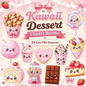 May include: A digital clipart bundle featuring various kawaii desserts. The image includes a pink gumball machine, a chocolate bar, a heart-shaped cookie, a slice of strawberry cheesecake, and other cute food illustrations. The text "Kawaii Dessert Clipart Bundle" is also present.