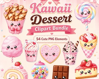 May include: A digital clipart bundle featuring various kawaii desserts. The image includes a pink gumball machine, a chocolate bar, a heart-shaped cookie, a slice of strawberry cheesecake, and other cute food illustrations. The text "Kawaii Dessert Clipart Bundle" is also present.