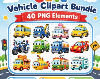 May include: A colorful digital illustration featuring a "Cute Vehicle Clipart Bundle" with 40 PNG elements. The image showcases various cartoon vehicles, including a school bus, tow truck, ice cream truck, taxi, police motorcycle, and race car. The text "High Resolution", "Transparent Background", and "Instant Download" are also included.
