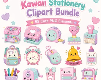 May include: A collection of Kawaii stationery clipart in pastel pink, blue, and yellow. Includes a heart-shaped push pin container, a stapler, a tape measure, a stamp, a backpack, an alarm clock, a computer mouse, a bell, glue, a pencil holder, a pencil sharpener, a paper clip, a notebook, and a calculator.