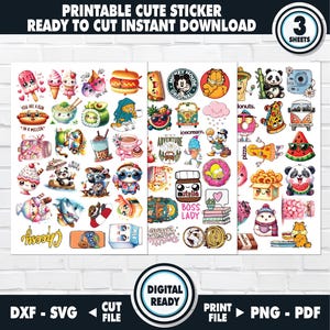 Puede incluir: Hojas de pegatinas imprimibles con ilustraciones coloridas de comida, personajes y frases. Incluye imágenes de helados, sushi, Garfield y el texto "Boss Lady". Las pegatinas están listas para cortar y descargar al instante.