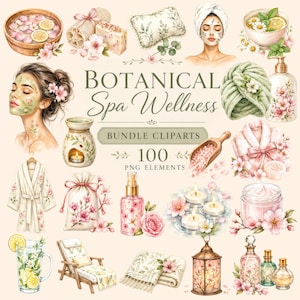 Botanical Spa Wellness Clipart Bundle, Watercolor Elements (100 PNG)