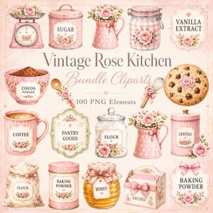 Könnte beinhalten: Eine digitale Sammlung von Küchenillustrationen mit rosa und weißen Rosenmotiven. Die Elemente umfassen eine Waage, Vorratsdosen mit der Aufschrift Sugar, Flour, Baking Powder, Lentils, ein Honigglas, eine Rezeptbox, Tassen und Etiketten.