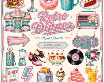 Retro Diner 95 Clipart Bundle, 50s Pink Teal Food PNG Elements (Digital Download)