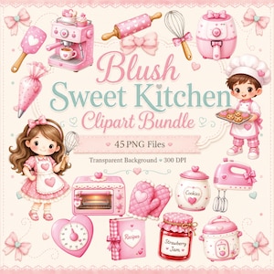 Könnte beinhalten: Ein digitales Clipart-Paket mit verschiedenen rosa Küchengeräten und Backutensilien, darunter ein Mixer, ein Ofen und eine Heißluftfritteuse. Der Text "Blush Sweet Kitchen Clipart Bundle" ist zu sehen. Enthält 45 PNG-Dateien.