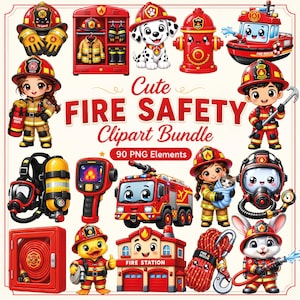 Könnte beinhalten: Ein digitales Clipart-Set zum Thema Brandschutz mit Illustrationen von Feuerwehrleuten, einem Dalmatiner, einem Feuerwehrauto, einer Feuerwache, einem Hydranten, einem Boot und Ausrüstung. Der Text lautet Cute FIRE SAFETY Clipart Bundle 90 PNG Elements.