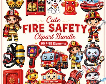 May include: A digital clipart bundle featuring fire safety illustrations including firefighters, a dalmatian, a fire truck, a fire station, a hydrant, a boat, gear, and tools. The text reads Cute FIRE SAFETY Clipart Bundle 90 PNG Elements.