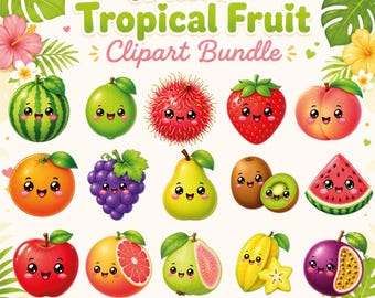 May include: A colorful digital illustration featuring a "Kawaii Tropical Fruit Clipart Bundle." The image showcases various fruits like watermelon, lime, rambutan, strawberry, peach, orange, grapes, pear, kiwi, and more, each with cute, smiling faces. The text "Perfect for Stickers, Planners, Scrapbooking & Sublimation" is also included.