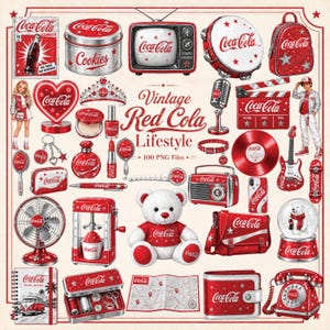 May include: A collection of Coca-Cola themed digital graphics featuring a red and white colour palette. Items include a cookie tin, television, tambourine, backpack, microphone, clapperboard, teddy bear, fan, snow globe, and rotary phone.