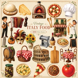 Op de afbeelding: Een digitale collectie illustraties met een Italiaans thema, waaronder een pizzaoven, pizza, pasta, een koksmuts, een masker, zonnebloemen, een pastamachine, een wijnfles, een vat, een picknickmand, het Colosseum en een tomaat.