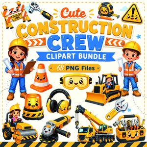 Puede incluir: Un paquete de imágenes prediseñadas digitales titulado "Cute Construction Crew" con ilustraciones de herramientas, vehículos y trabajadores de la construcción. Las imágenes son en amarillo, naranja y azul, con un estilo de dibujos animados. Incluye 68 archivos PNG.