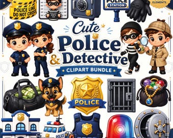 May include: A digital clipart bundle featuring 70 elements including cartoon police officers, detectives, a police station, a safe, a jail cell, a police boat, a badge, a siren, a duffel bag with money, a treasure bag, and police tape.
