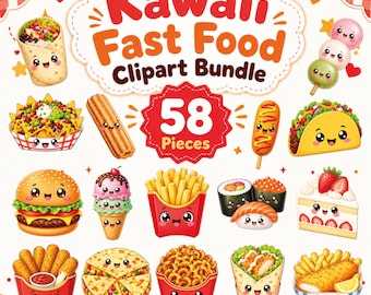 May include: A colorful digital clipart bundle featuring kawaii-style fast food illustrations. The image includes a variety of food items such as a burger, fries, sushi, tacos, and more, with smiling faces. The text "Kawaii Fast Food Clipart Bundle" is displayed.