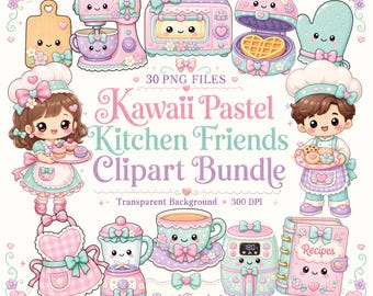 May include: A digital clipart bundle featuring Kawaii Pastel Kitchen Friends. The image includes various kitchen appliances and accessories in pastel colors, such as a mixer, oven, waffle maker, and apron. The text reads "Kawaii Pastel Kitchen Friends Clipart Bundle".