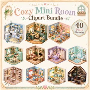 May include: A digital clipart bundle titled "Cozy Mini Room" featuring 40 PNG elements. The image showcases various miniature room scenes, including a laundry room, office, bedroom, kitchen, living room, and bathroom, all in a charming, pastel color palette.