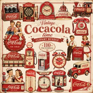 May include: A digital collection of vintage Coca-Cola themed clipart elements featuring red and white branding. The set includes illustrations of a bottle crate, dartboard, clock, lamp, train, telephone, children, gas pump, truck, scale, and thermometer.