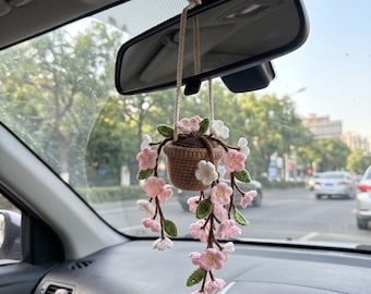 Crochet Flower Pot Car Hanging, Handmade Cherry Blossom Rearview Mirror Charm