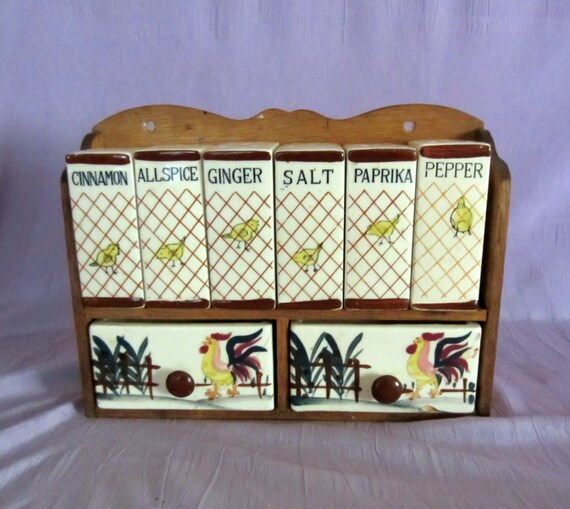 Vintage Spice Rack With Ceramic Containers And Drawers Chick Etsy